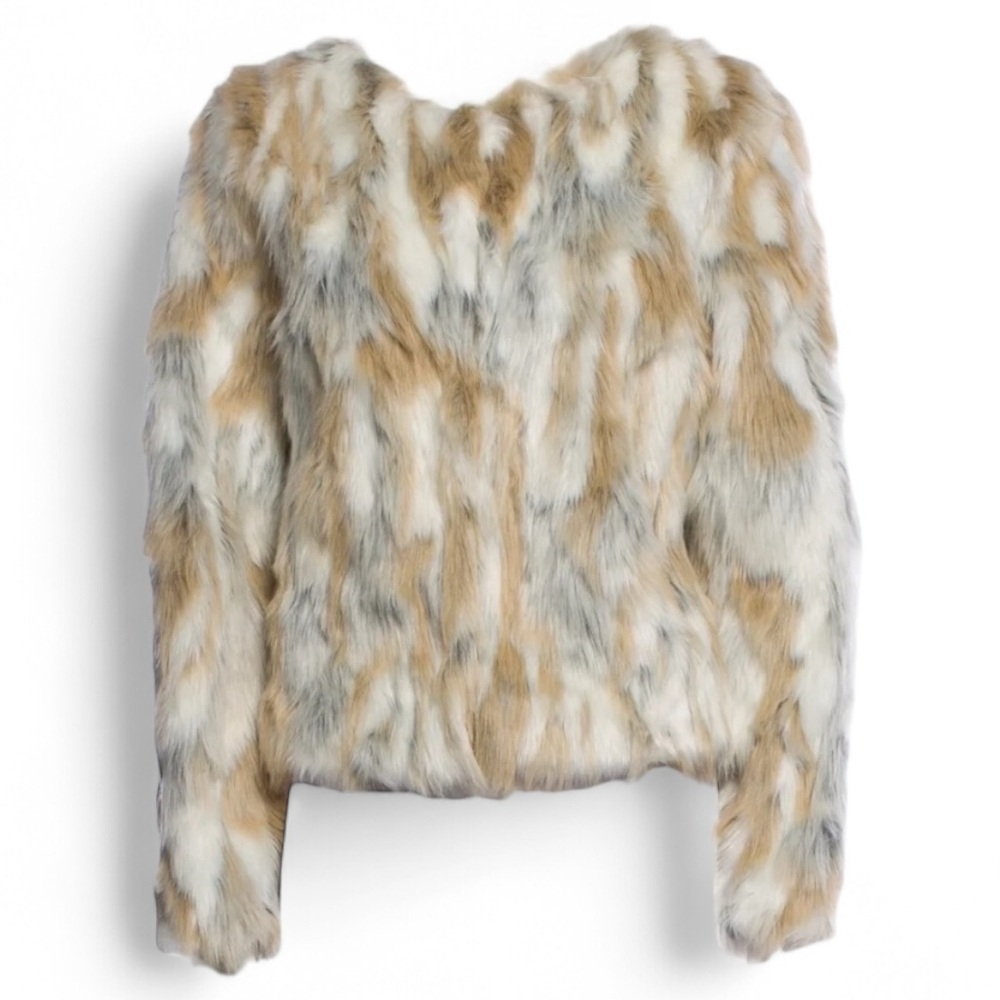 n:PHILANTHROPY Cream & Tan Neutral Faux Fur Shag Latch Closure Lined Jacket | L